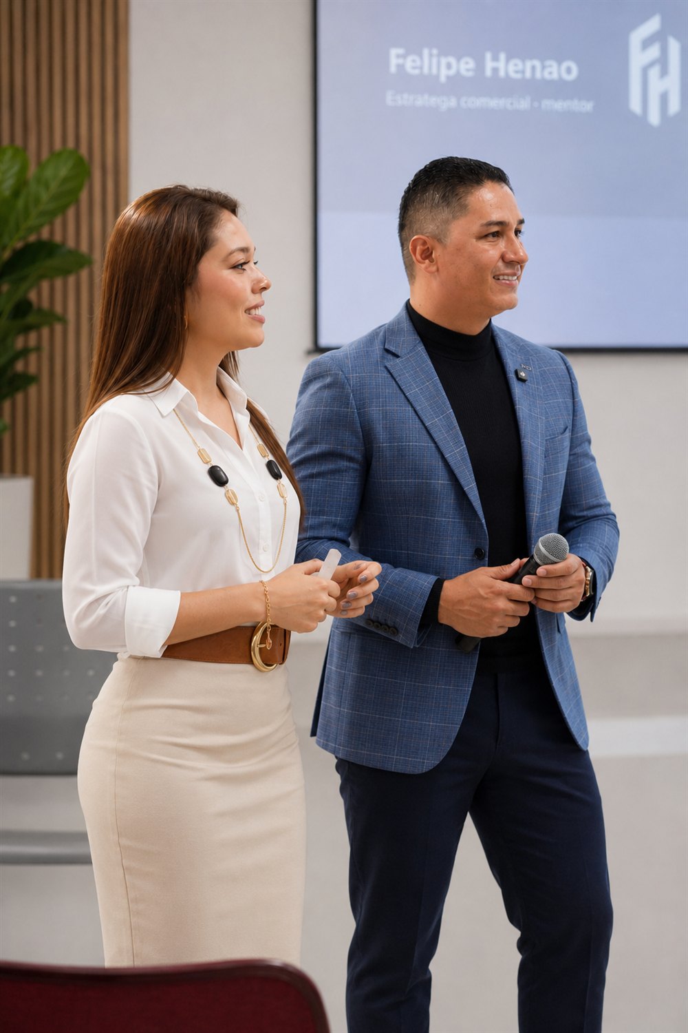 Mónica y Felipe Henao presentando el podcast Así construí mi camino